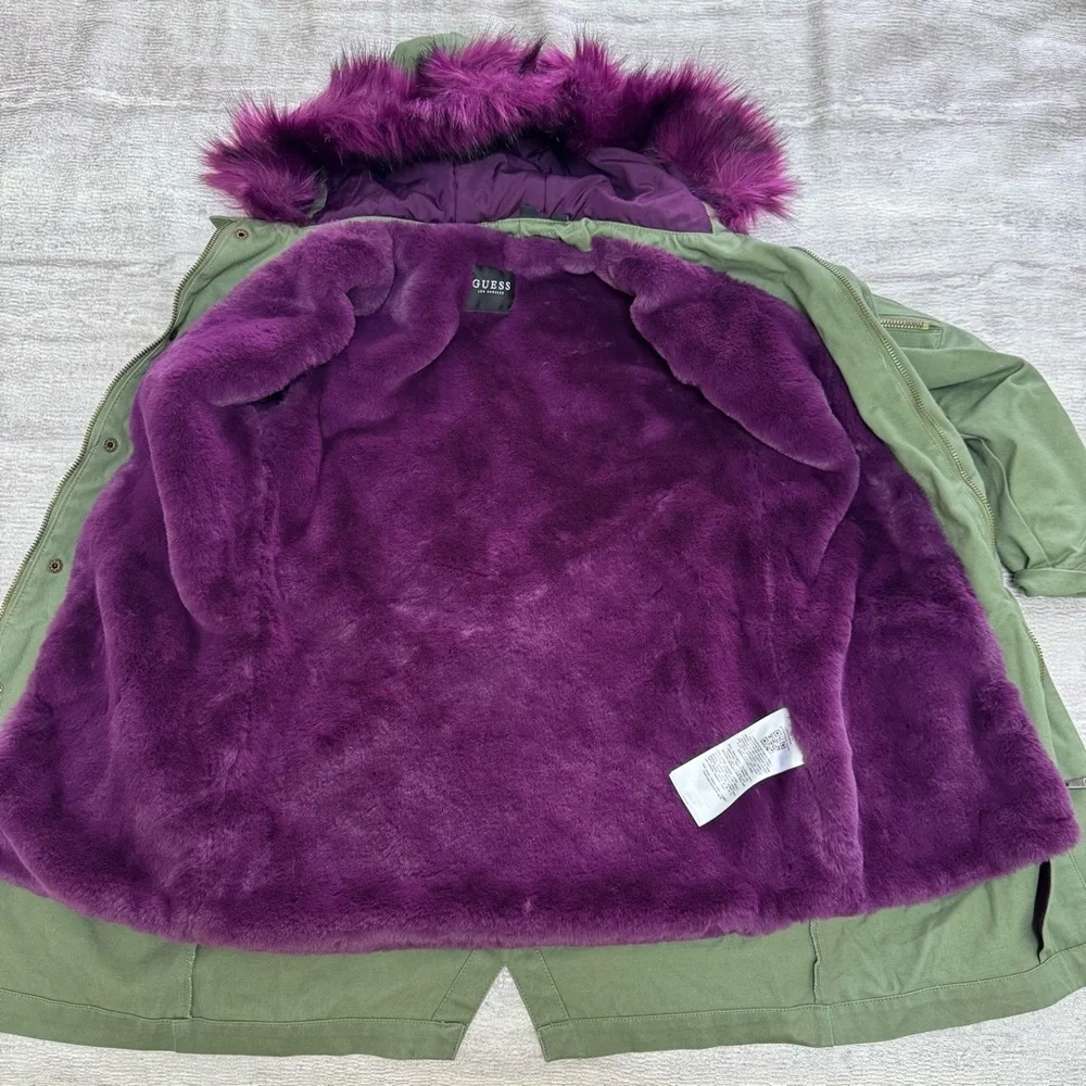 Guess Girls Green Parka with Purple Faux Fur Trim, Size 8